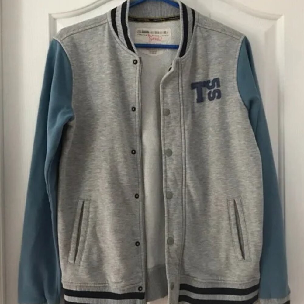 TRIPLE FIVE SOUL Varsity Style Gray/Blue Full Zip Jacket Pockets 14/16 (…